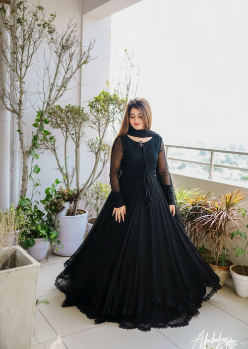 Boshon Black Georgette With Inner Designer Gown&nbsp;