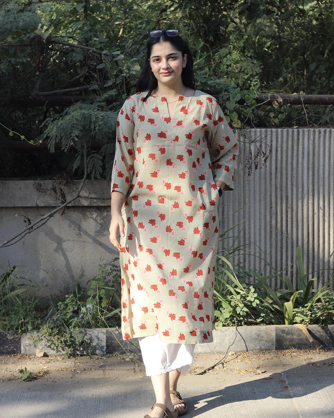 Light Pista Printed Long Kurta – Cotton