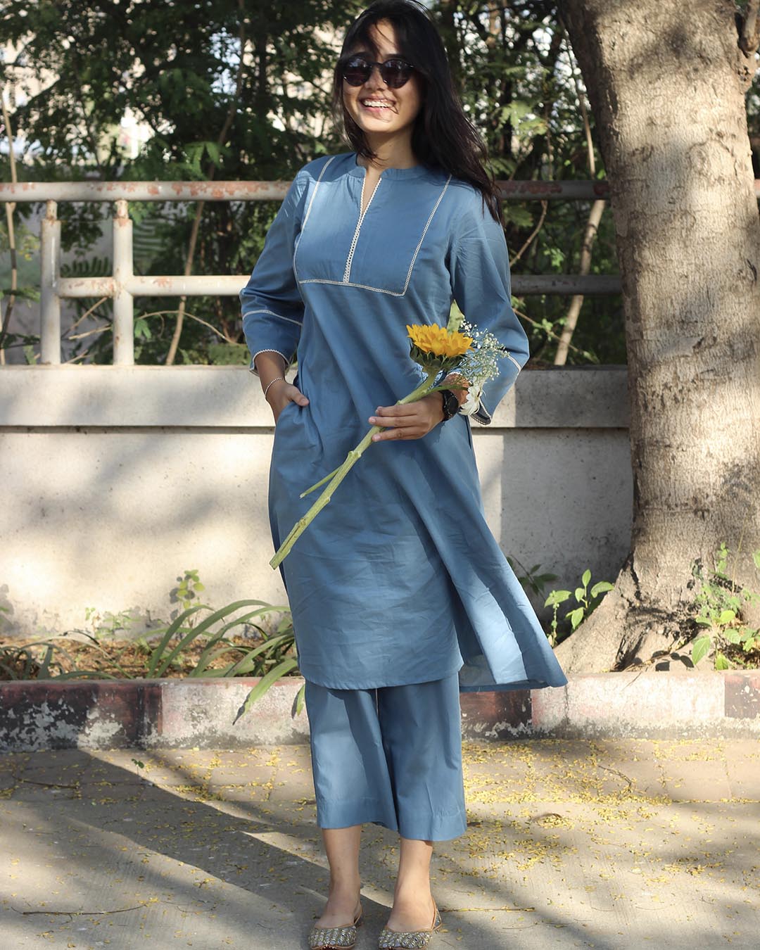 Premium Cotton Steel Blue Laced Long Kurta