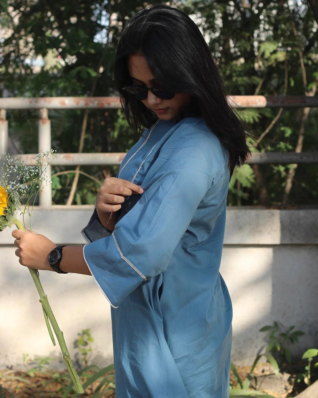 Premium Cotton Steel Blue Laced Long Kurta